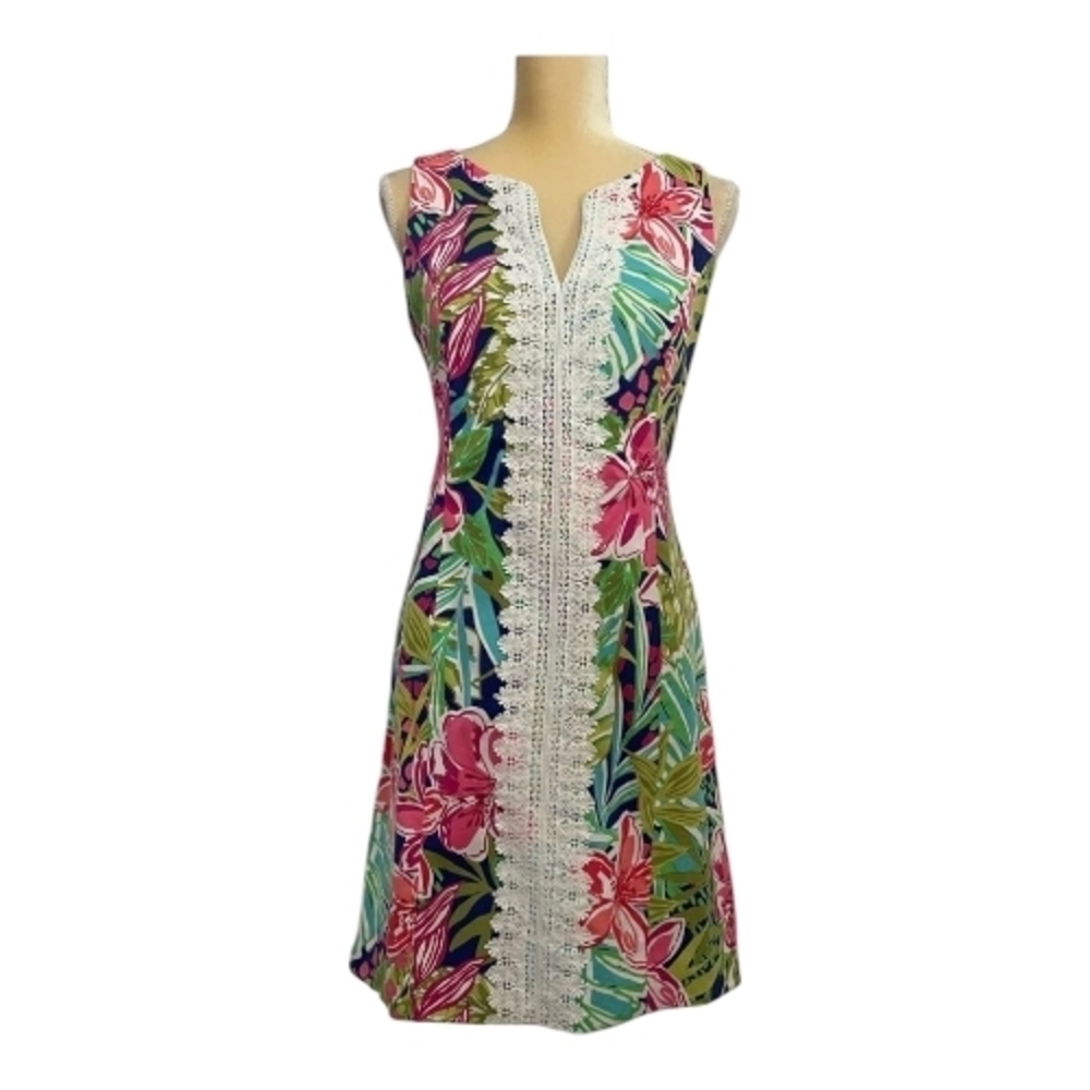 Pappagallo Pink Green Lace Neckline Tropical Floral Dress LNC